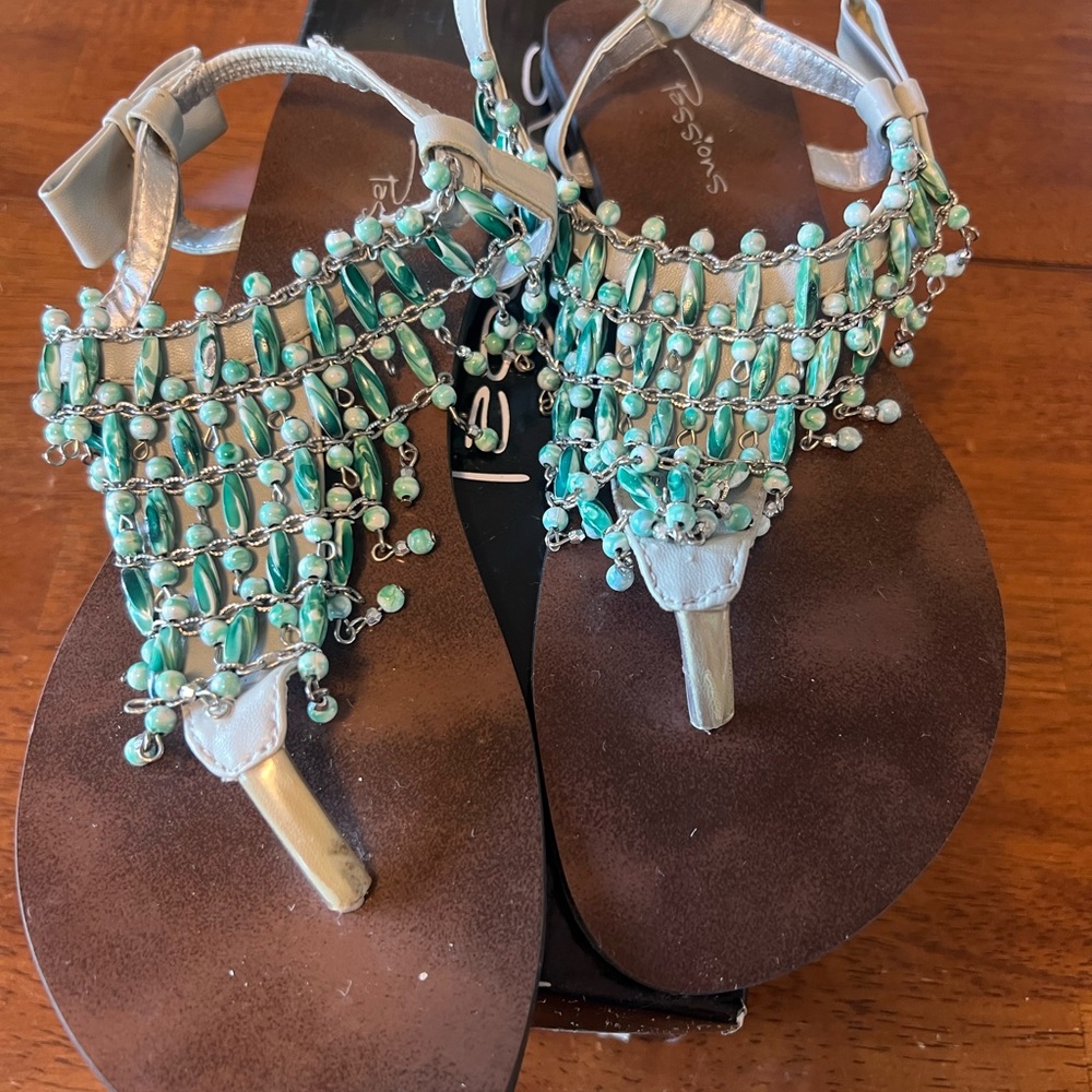Elegant Beaded Sandals with Teal and Silver Accents